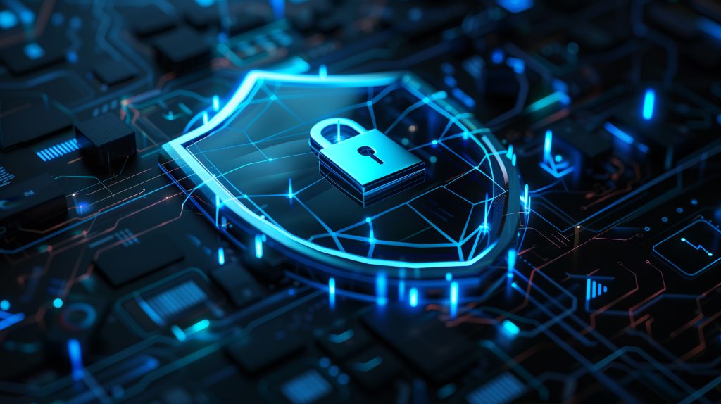3D illustration of shield with lock and digital data network